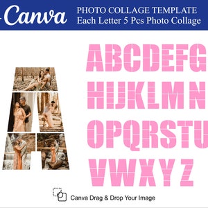 Colagem de fotos com letras Canva 5 peças dentro da colagem de fotos Canva Modelo de colagem de fotos Canva Alfabeto completo de A a Z