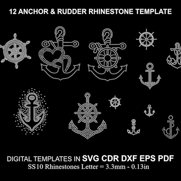 12 Random Anchor and Rudder Rhinestone Design Rhinestone Cut Sailor Template BUNDLE SS10 Rhinestone for Cricut Svg Cdr Eps Dxf Cameo Dxf