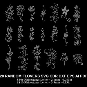 May include: 20 white rhinestone flower designs for embroidery or crafting. The designs are in SVG, CDR, DXF, EPS, AI, and PDF formats. The designs are for use with SS06 rhinestones (2.1mm, 0.083 inches) or SS10 rhinestones (3.3mm, 0.13 inches).