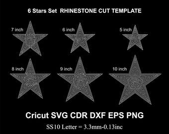 Plantilla de estrella de diamantes de imitación (6 diseños, SS10, SVG, CDR, EPS, DXF, 5, 6, 7, 8, 9 y 10 pulgadas)