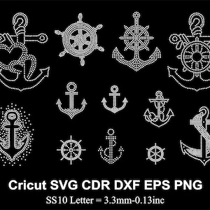 May include: A selection of white rhinestone nautical designs on a black backdrop. The designs include anchors, ship wheels, and an anchor with a heart. The text "Cricut SVG CDR DXF EPS PNG" is at the bottom.