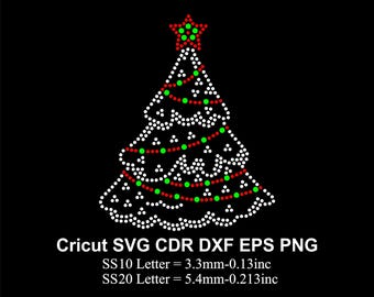 May include: A Christmas tree design made of white dots, with red and green accents, and a star on top. The image is on a black background. Text at the bottom reads "Cricut SVG CDR DXF EPS PNG".