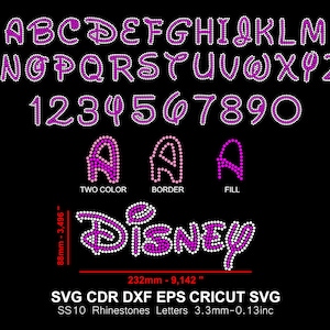 Puede incluir: Un fondo negro muestra un alfabeto de pedrería, números y la palabra "Disney". Las letras y los números están en un diseño punteado morado y blanco. La imagen incluye medidas de 88 mm y 232 mm. El texto en la parte inferior dice "SVG CDR DXF EPS CRICUT SVG".