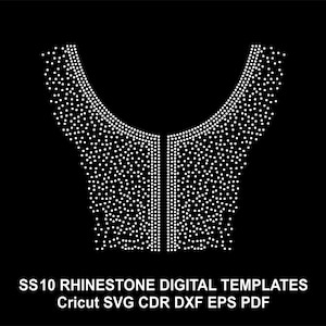 May include: A digital template for a rhinestone design featuring a V-shaped neckline. The design is made up of small white dots arranged in a symmetrical pattern. The text "SS10 RHINESTONE DIGITAL TEMPLATES Cricut SVG CDR DXF EPS PDF" is at the bottom of the image.