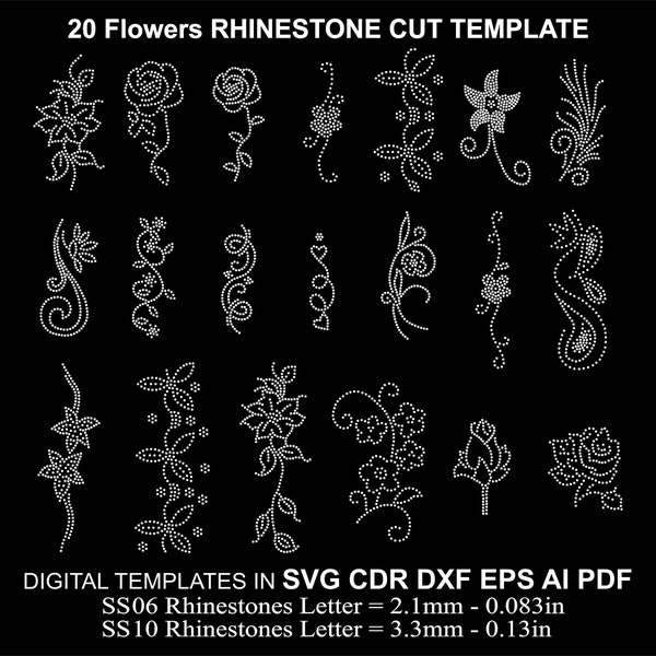 Rhinestone Random Flover 20 Design Template BUNDLE SS06 SS10 Flowers Svg Cdr Eps Dxf Cricut Svg Flowers Rhinestones