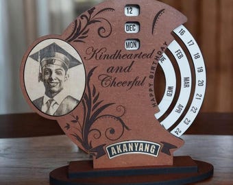Personalized Photo Perpetual Calendar, Laser Engraved Wood Desktop Art