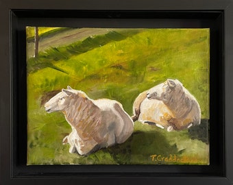 Sun Seekers - Framed Original Oil Painting on canvas, British Farm animals, Landscape