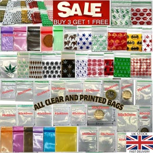 May include: Assortment of clear and printed plastic bags with resealable zipper closures. The bags are available in various sizes, ranging from 25mm x 25mm to 60mm x 60mm. The bags feature a variety of designs, including solid colours, patterns, and graphics. The text "SALE BUY 3 GET 1 FREE" is displayed at the top of the image.
