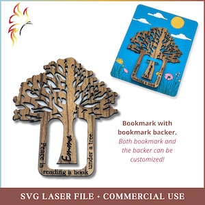 May include: Wooden tree-shaped bookmark with the words "Peace is reading a book" and "Emma under a tree." The bookmark is displayed with a blue backer featuring a tree, sun, and flowers. The text "Bookmark with bookmark backer. Both bookmark and the backer can be customized!" is also visible.
