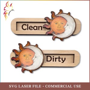 May include: Wooden signs with the words "Clean" and "Dirty". Each sign features a sun and moon design with a face. The sun is orange and the moon is white. The signs are made of light-colored wood.