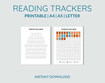 Op de afbeelding: Twee afdrukbare leestrackers met de tekst "READING TRACKERS" en "PRINTABLE | A4 | A5 | LETTER". Eén tracker is voor een 50-boeken-uitdaging, de andere voor een 100-boeken-uitdaging. De tekst onderaan luidt "INSTANT DOWNLOAD".