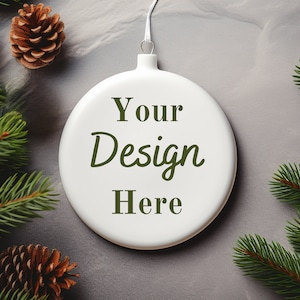Blank White Round Ceramic Christmas Ornament Mockup | Christmas Tree Ornament Mock up | Christmas ornament Mockup on flat background |
