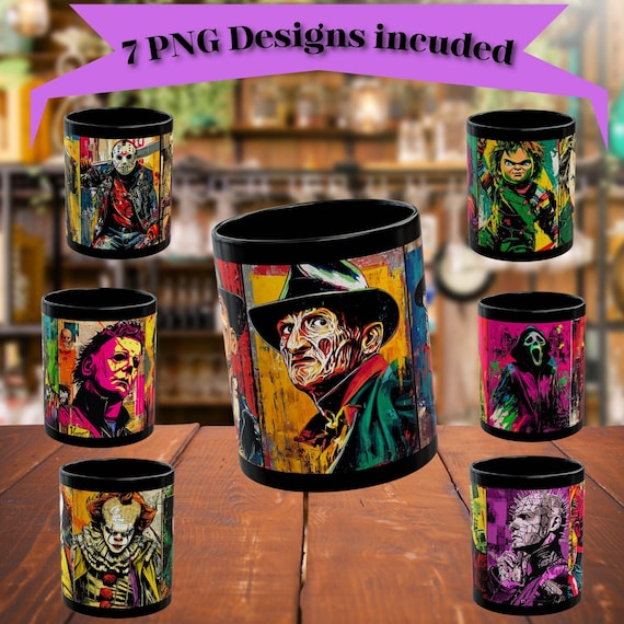 Horror Character Mug Wraps PNG, | 11oz/15oz Mug Template | Scary Movie Mug Sublimation, Halloween Slasher Designs - Digital Download 00127