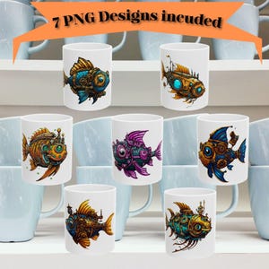 Steampunk Fish Mug Wrap Bundle - 11oz/15oz Mug Template | 7 Unique Sci-Fi Marine Life Digital Art Designs - Instant Digital Download 00091