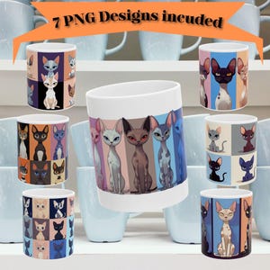Colorful Sphynx Cat Coffee Mug Wrap Bundle - 11oz/15oz Mug Template | 7 Unique Digital Art Designs - Instant Digital Download 00086