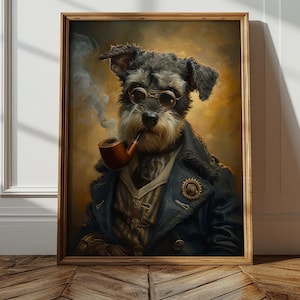 Steampunk Schnauzer Digital Print, Victorian Inspired Vintage Painting, Glasses Wall Art, Digital Download Printable Dark Academia Portrait