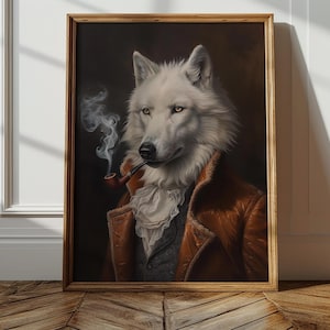 May include: A white wolf wearing a brown leather jacket and a white lace collar, holding a pipe in its mouth. The wolf is depicted in a painting with a dark background.
