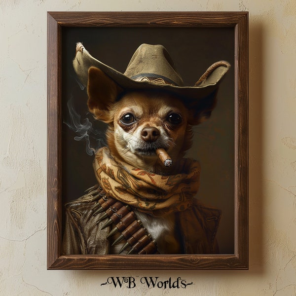 Wild West Chihuahua Digital Print, Cowboy Animal Painting Portraits, Funny Dogs Digital Download Printable Vintage Outfits Wall Art