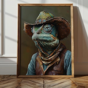 Impresión digital de camaleón del salvaje oeste, retratos de pintura de animales vaqueros, descarga digital divertida de lagartos, arte de pared con atuendos vintage imprimibles