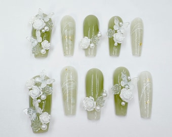 Elegant Sage Mint Green Luxury French Customizable Press On Nails with 3D Camellia Butterfly for Wedding Dinner Ball