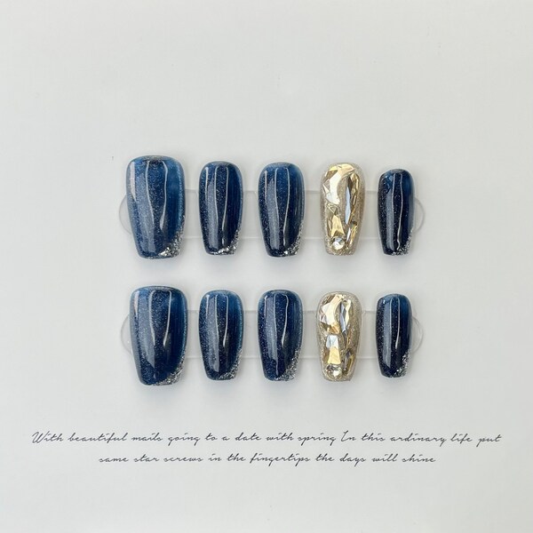 Vintage Denim Aegean Blue Ombre Galaxy Handmade Press On Nails with Rhinestones Silver French Tips