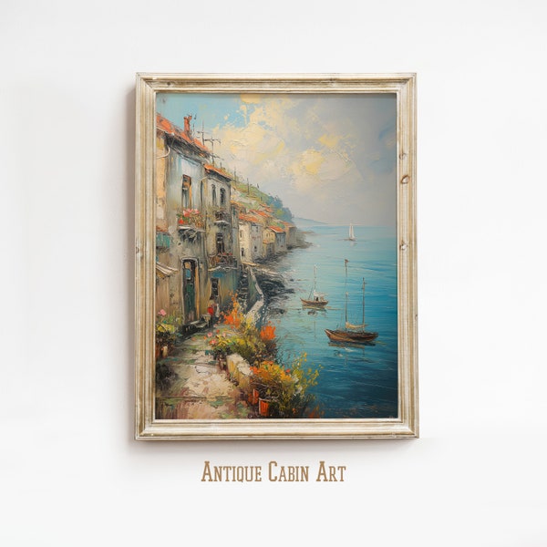 Vintage Mediterranean wall art print, Printable Wall Art, Coastal wall art, Antique Oil Painting, Italy Nature Prints, Landscape Art Print