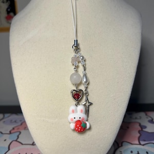 Eating Strawberry bunny Coquette Phonecharm / keychain Pink Kawaii