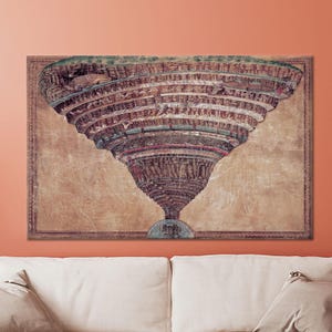 May include: A framed print of a detailed illustration depicting a tiered, inverted cone structure, possibly a map or architectural rendering. The artwork features a muted color palette with shades of brown, red, and green, and is displayed above a white sofa.