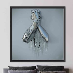 Futuristic Metallic Hands Wall Art – Emotional 3D Chrome Canvas or Glass Print for Modern Interior Decor