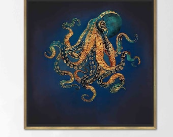 Golden Octopus Wall Art – Elegant Marine-Inspired Canvas or Glass Print for Ocean & Coastal Decor