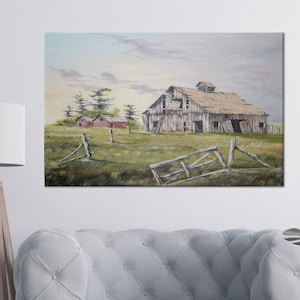 Rustic Farmhouse Barn Canvas Wall Art, Country Landscape Poster Print, Vintage Rural Scene Cotton Canvas Decor for Cabin or Rustic Interior
