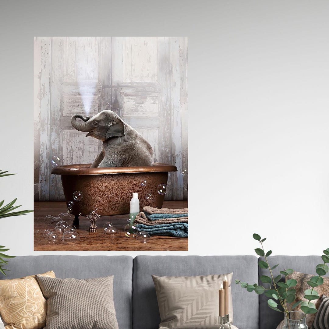 Elephant Bathroom Glass Art Wall Decor, Cute Elephant Canvas, Bathtub ...