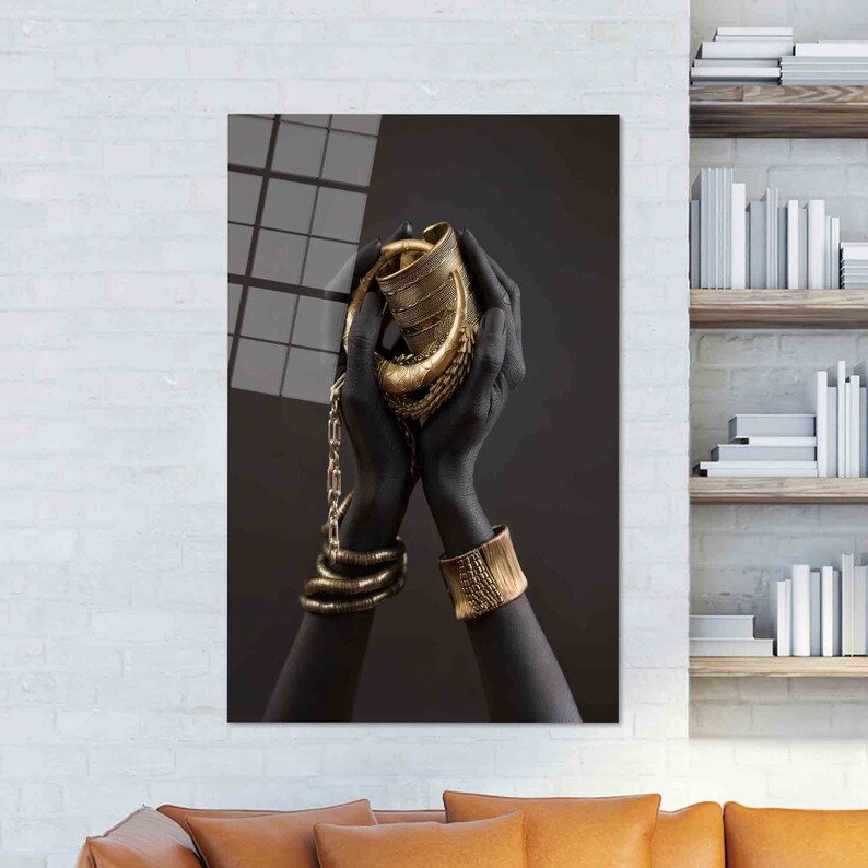 African Woman Art: Gold Bracelet 3D Tempered Glass Wall Art imagen 6