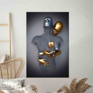Arte di coppia metallica, Arte di coppia che abbraccia, Arte argentata e dorata, Arte in vetro 3D, Tela moderna, Carta da parati per coppia, Regalo poster, Arte della parete in vetro