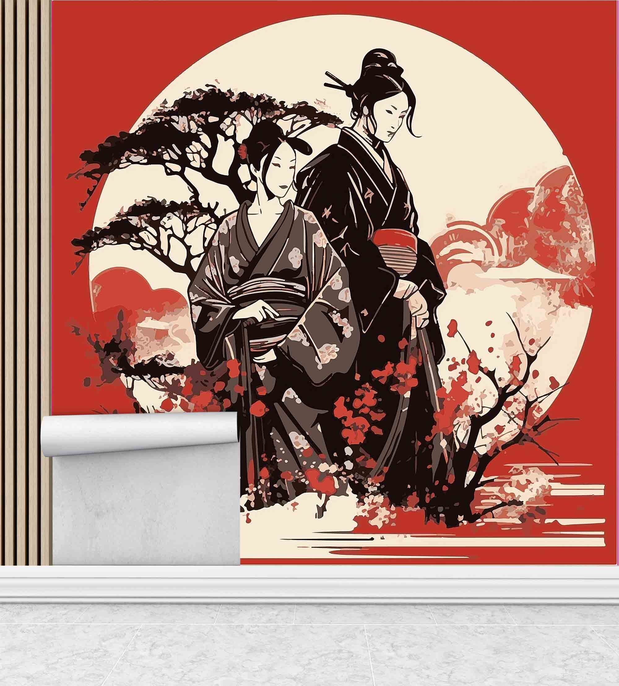 Geisha and Samurai Art, Japanese Woman Art, Japanese Art, Red Wall ...