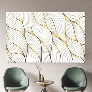 Arte de rayas doradas, arte de pared dorado, arte de pared blanca, arte de pared abstarct, obras de arte modernas, arte en lienzo, arte en vidrio 3D, papel tapiz dorado, decoración del hogar