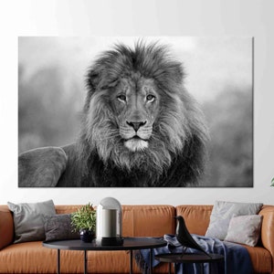 Arte del leone bianco nero, decorazione della parete del leone, decorazione della parete degli animali, arte della parete della fauna selvatica, arte su tela, arte del vetro 3D, carta da parati con leone, regali, arte della parete di casa,