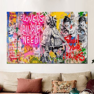 Liebe ist alles, was wir brauchen Kunst, Banksy Wandkunst, Graffiti Leinwand, 3D Glas Kunst, gerahmte Wandkunst, Banksy Tapete, Leinwand Poster, Geschenk, Wanddekoration,