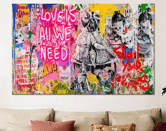Love Is All We Need Art, Banksy Wall Art, Graffiti Canvas, 3D Glass Art, Framed Wall Art, Banksy Wallpaper, Canvas Poster, Gift, Wall Decor,