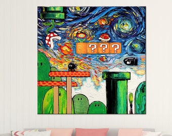 Mario World-muurkunst, Van Gogh-muurkunst, moderne kunstwerken, 3D-canvaskunst, gehard glas, Mario-behang, cadeauposter, muurkunst gameruimte, Mario World-muurkunst, Van Gogh-muurkunst, moderne kunstwerken, 3D-canvaskunst,