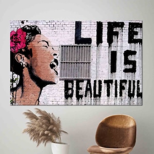 La vita è bella arte, arte dei graffiti con donna, arte della parete di Banksy, arte su tela, arte del vetro 3D, carta da parati con graffiti, arte della parete incorniciata, arte della parete di strada,