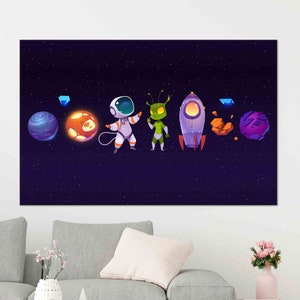 Arte del modello spaziale, arte della parete dell'astronauta, arte della parete del pianeta, tela moderna, vetro colorato, arte della parete 3D, carta da parati spaziale, arte della parete della camera dei bambini,