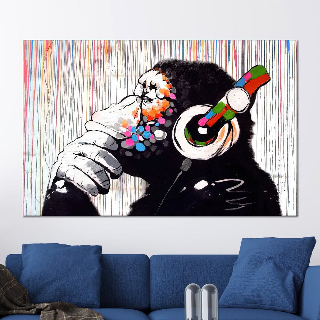 Dj Monkey Wall Art Monkey Thinking Art Banksy Artwork Music Etsy