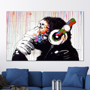 Bunte Affe Wandkunst - Abstrakt denkender Affe auf Leinwand mit Kopfhörern für moderne Pop Dekoration
