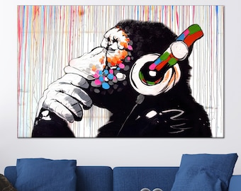 Colorful Monkey Wall Art – Abstract Thinking Ape Canvas with Headphones for Modern Pop Decor