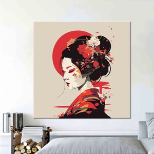 Decorazione da parete Geisha, Arte da parete giapponese, Arte da parete giapponese, Tela rossa, Arte in vetro 3D, Carta da parati Geisha, Poster su tela, Tavolo regalo, Arte da parete per la casa,