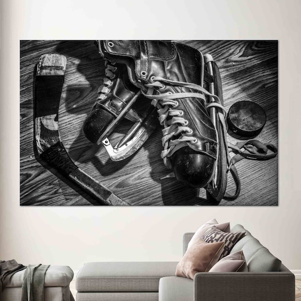 Art mural hockey, oeuvres d'art sur l'équipement de hockey, oeuvres d'art en noir et blanc, oeuvres d'art sur toile motivation, verre trempé, papier peint hockey, oeuvre d'art murale salle de sport,