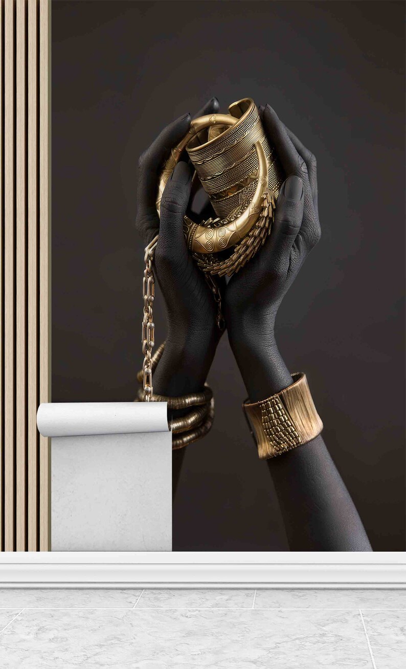 African Woman Art: Gold Bracelet 3D Tempered Glass Wall Art imagen 7