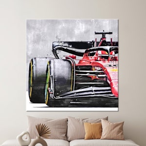 Arte de pared en lienzo de Fórmula 1, decoración de pared de coche de carreras rojo, impresión en lienzo de deportes de motor para habitación de niño, arte de vidrio de F1, decoración artística de F1, arte de vidrio de garaje,