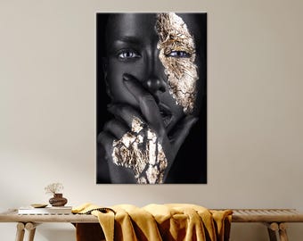 Abstract Black Woman Gold Leaf Glass Wall Art: Modern African Decor
